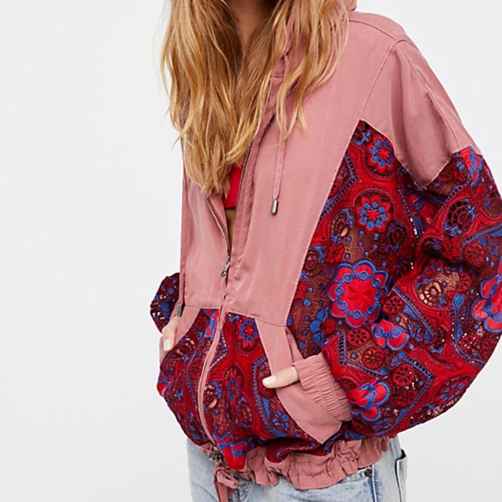 Free People $248 Magpie hooded lace jacket Rose- S